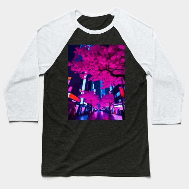 Tokyo City Japan at Night Cyberpunk Cityscape Cherry Blossom Baseball T-Shirt by Art-Jiyuu